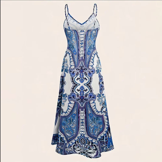 Women’s Blue & White Porcelain Print Maxi Dress Spaghetti Strap Summer Dress
