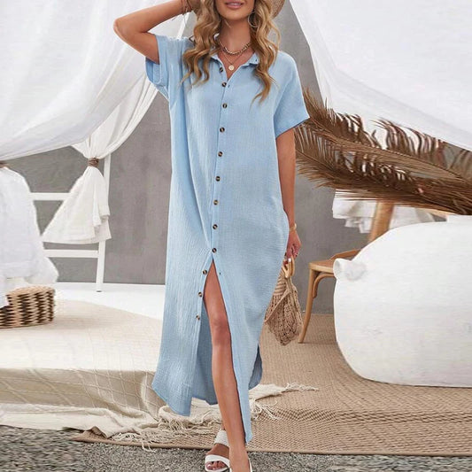 Womens Boho Shirt Dress Summer Short Sleeve Button Casual Holiday Dress
