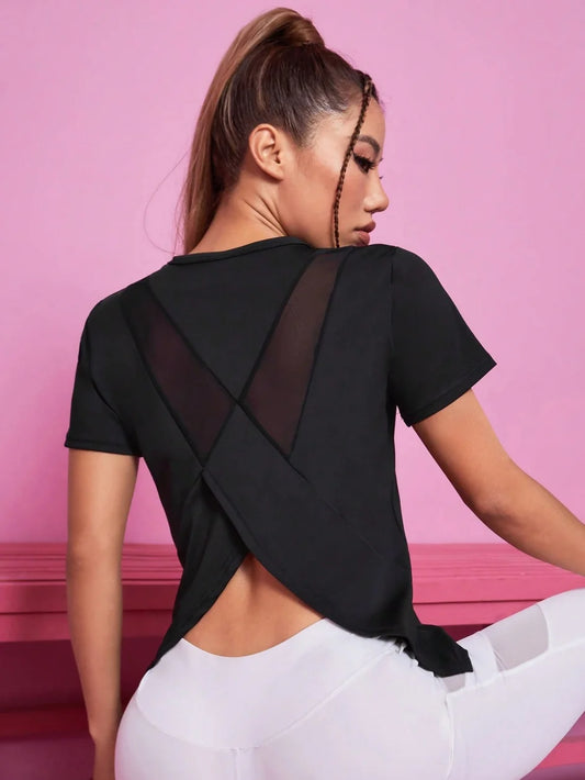 Ladies Yoga Gym Workout Top Breathable Quick Dry Mesh Back Sports T Shirt