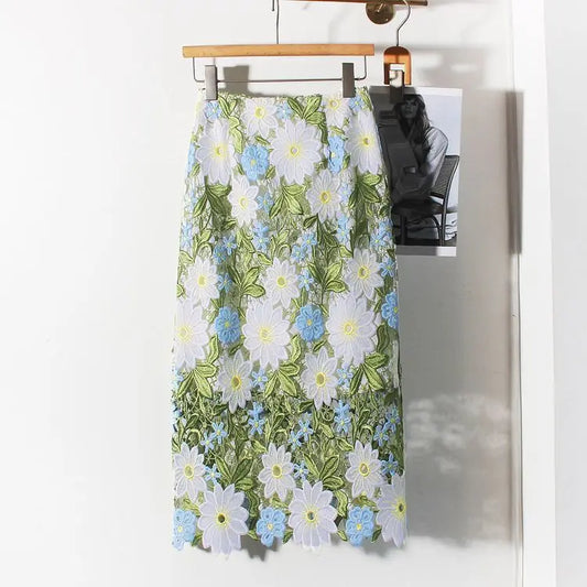 Women’s Crochet Lace High Waist Skirt Floral Embroidered Summer Skirt