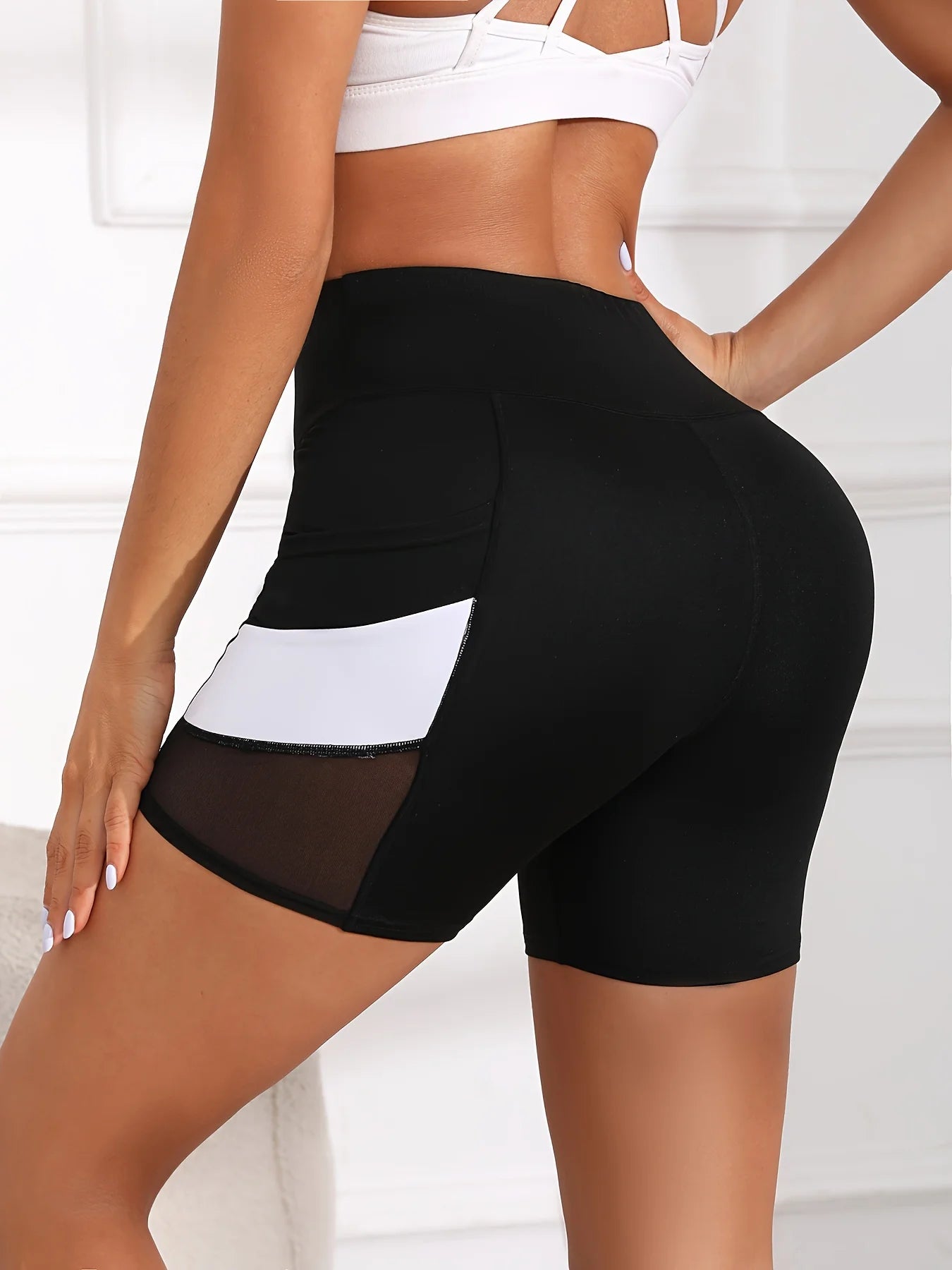 Women High Waist Yoga Shorts Mesh Tummy Control Gym Fitness Shorts Pockets
