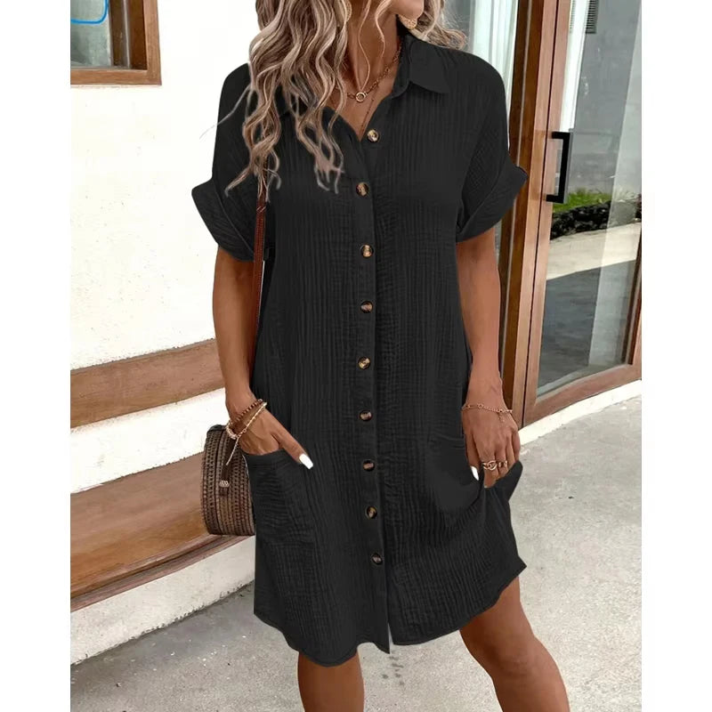Women Shirt Dress Short Sleeve Loose Summer Casual Office Elegant Pockets