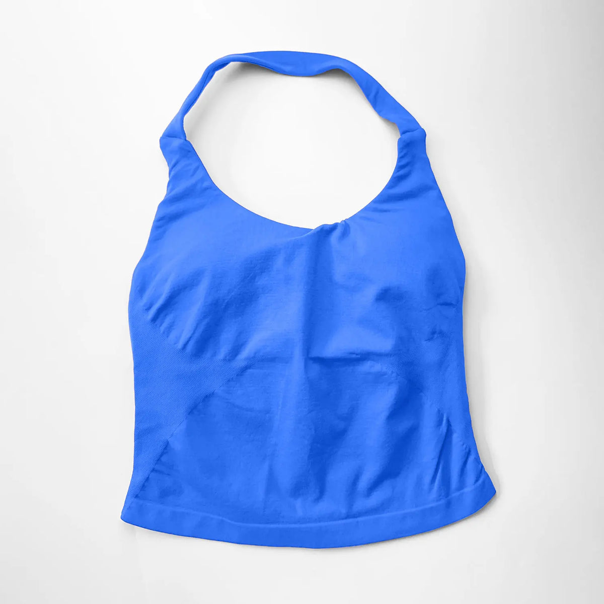 Fierce Ember™ Elevate Halter Training Top in Electric Blue shown laid flat on a white background, highlighting the halter neckline, fitted silhouette, smooth stretch fabric and clean hem finish.