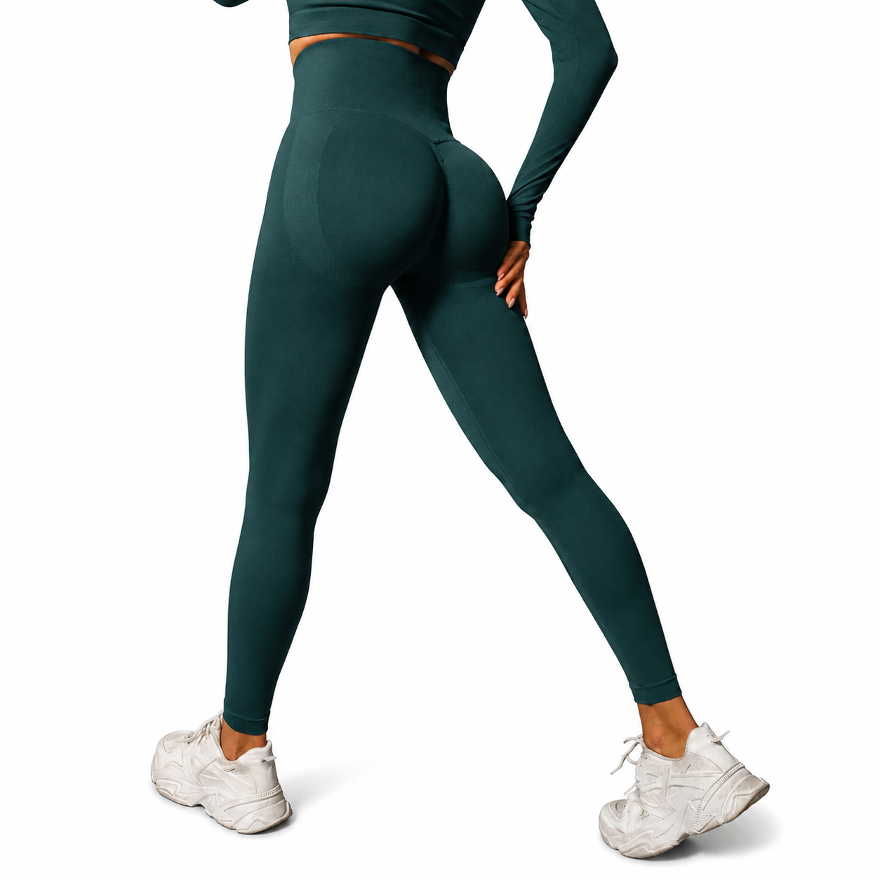 Close-up rear view of Fierce Ember Signature Leggings in sea green, showcasing the seamless sculpting design, high-waisted fit and contour-enhancing performance fabric.