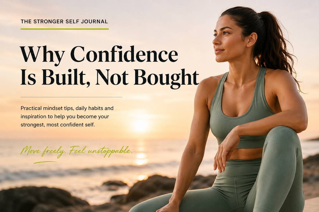 Confident woman wearing premium activewear at sunrise by the sea for The Stronger Self Journal article 'Why Confidence Is Built, Not Bought', exploring confidence, mindset, personal growth and becoming your strongest self.
