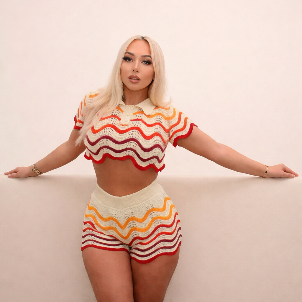 Women Wave Print 2 Piece Set Colorful Knit Crop Top & Shorts Matching Streetwear Outfit