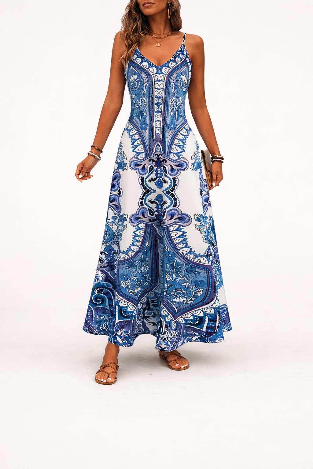 Women’s Blue & White Porcelain Print Maxi Dress Spaghetti Strap Summer Dress