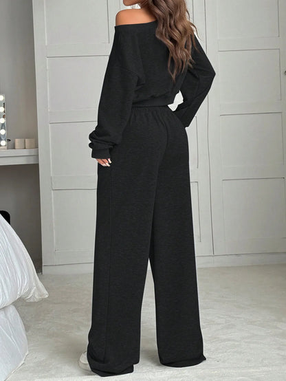 Casual Knitted Loose Long Sleeve Short Set for Women Solid Color Sweatshirt One Shoulder Street Style Polyester Fiber 2025 Au...