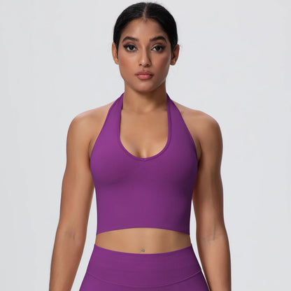 Women Backless Halter Sports Bra Naked Feel Yoga Gym Workout Crop Top