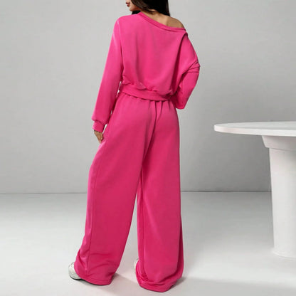 Casual Knitted Loose Long Sleeve Short Set for Women Solid Color Sweatshirt One Shoulder Street Style Polyester Fiber 2025 Au...