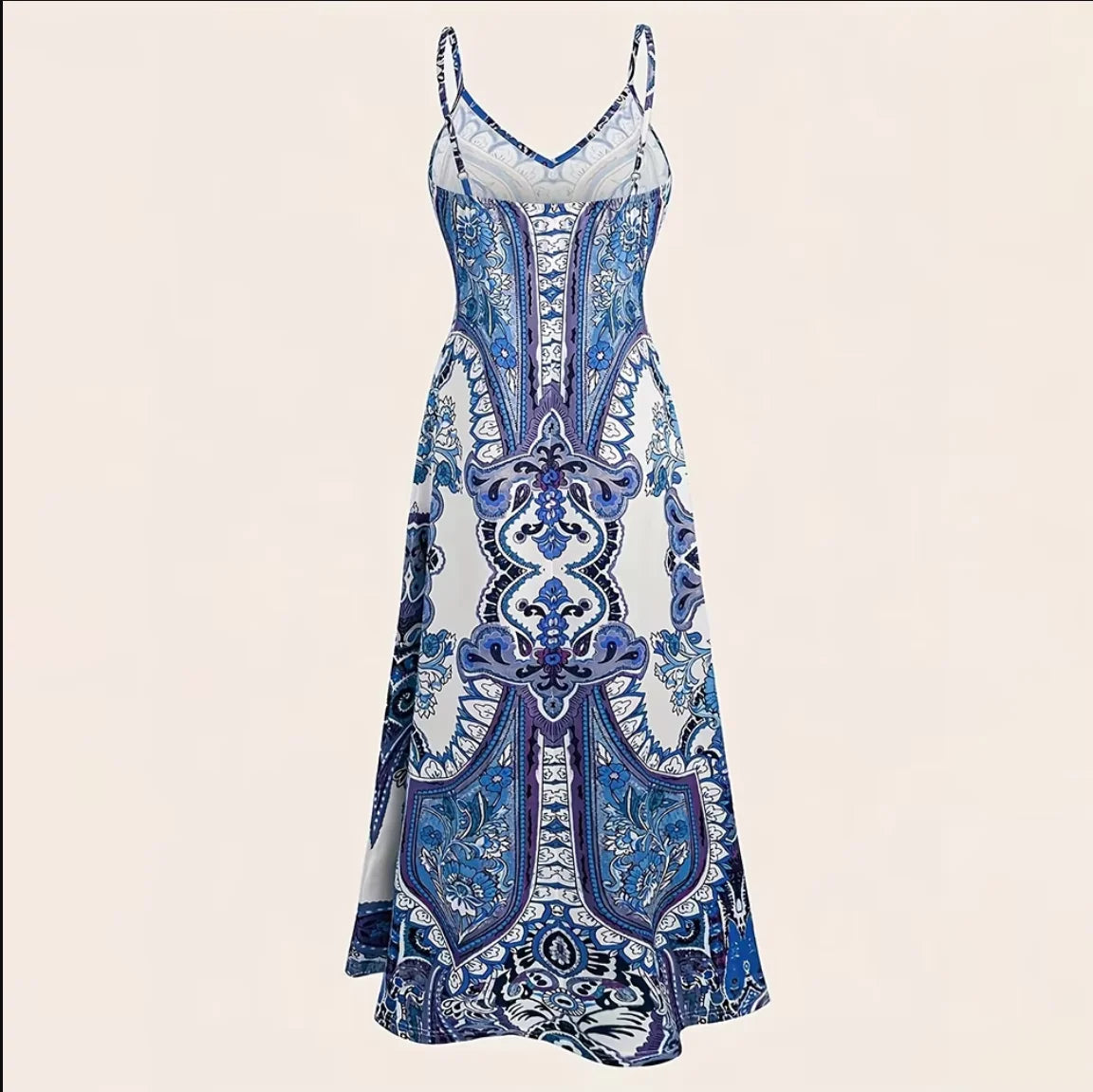 Women’s Blue & White Porcelain Print Maxi Dress Spaghetti Strap Summer Dress