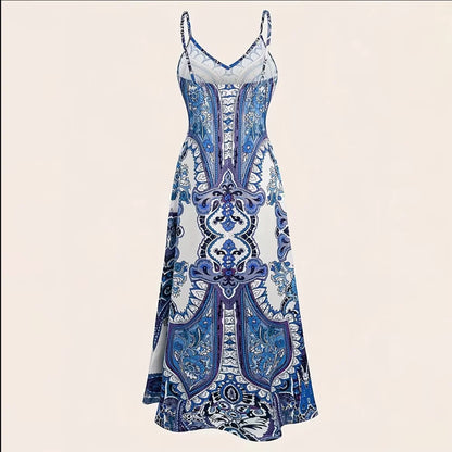 Women’s Blue & White Porcelain Print Maxi Dress Spaghetti Strap Summer Dress
