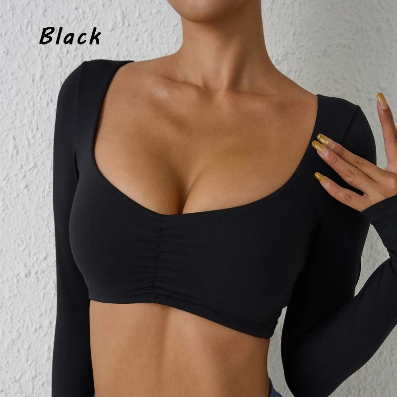 Women Gym Top Long Sleeve Nylon Yoga Shirt Tight Sports Fitness Top
