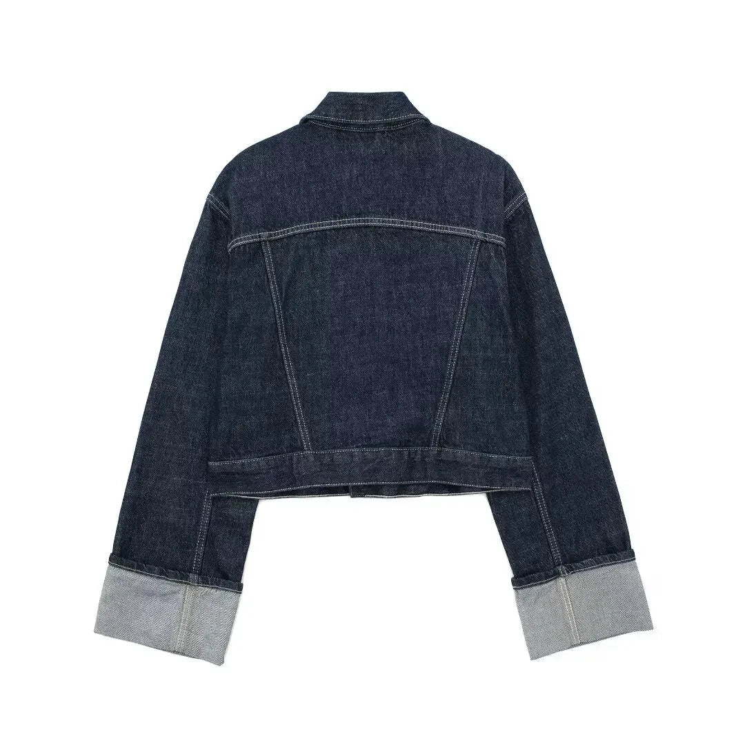 HH Women Denim Set Crop Jacket Wide Leg Jeans Vintage 2 Piece Outfit