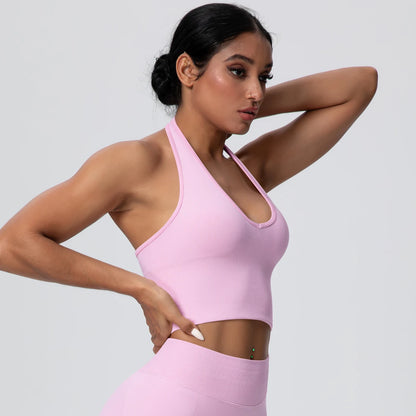 Women Backless Halter Sports Bra Naked Feel Yoga Gym Workout Crop Top