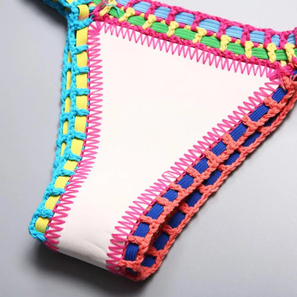 Women Bright Patchwork Crochet Bikini Set Handmade 2 Piece Summer Swimwear