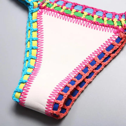 Women Bright Patchwork Crochet Bikini Set Handmade 2 Piece Summer Swimwear