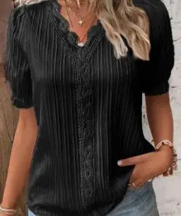 Women Lace V Neck Blouse Elegant Short Sleeve Summer Casual Office Top