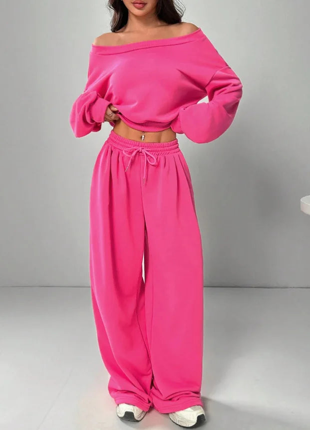 Casual Knitted Loose Long Sleeve Short Set for Women Solid Color Sweatshirt One Shoulder Street Style Polyester Fiber 2025 Au...