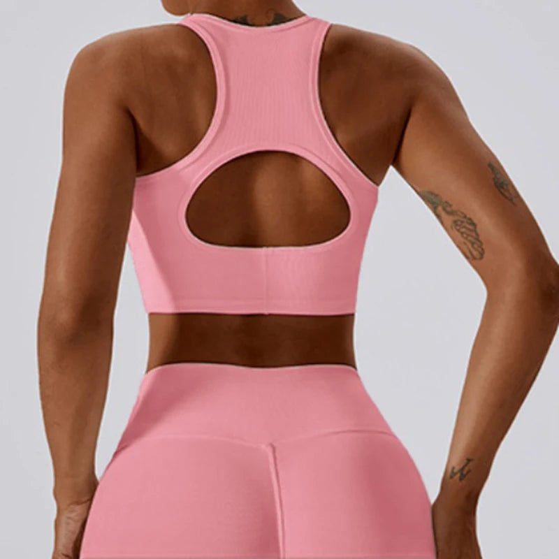 Womens Ribbed Sports Bra High Impact Padded Gym Running Yoga Fitness Top