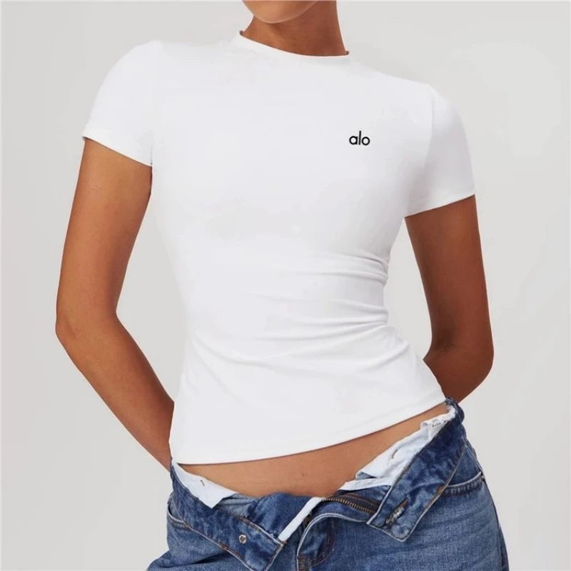 ALO YOGA Women's Yoga Clothing for Pilates Fitness Training Short-Sleeved Low-Cut Tight-Fitting Quick-Drying Running and Sports