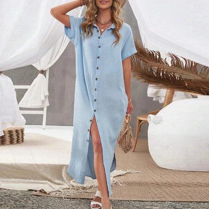 Womens Boho Shirt Dress Summer Short Sleeve Button Casual Holiday Dress