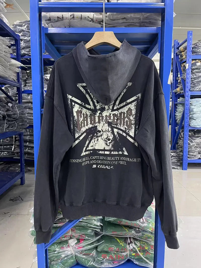 Womans Cross Logo Zipper Hoodie | Vintage Washed Black Oversized
