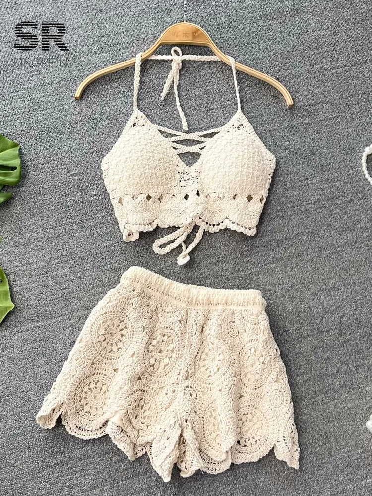 Women Crochet Two Piece Set Summer Y2K Beach Backless Cami Shorts