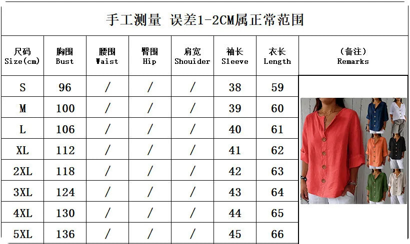 Women V Neck Button Shirt Cotton Linen Summer Loose Casual Office Top