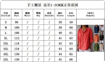 Women V Neck Button Shirt Cotton Linen Summer Loose Casual Office Top