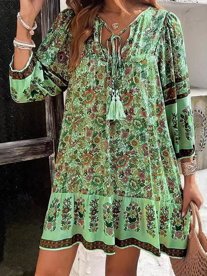 Casual Print Loose Dress – Effortless Vintage Boho Style