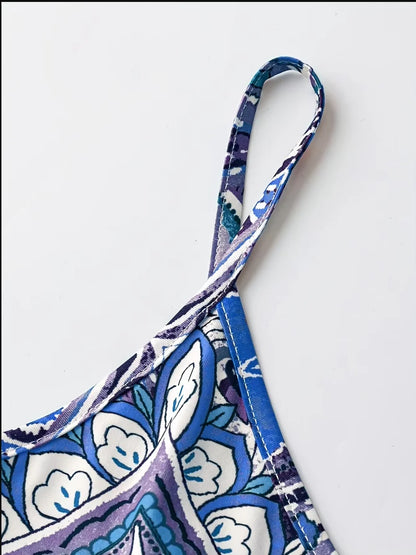 Women’s Blue & White Porcelain Print Maxi Dress Spaghetti Strap Summer Dress