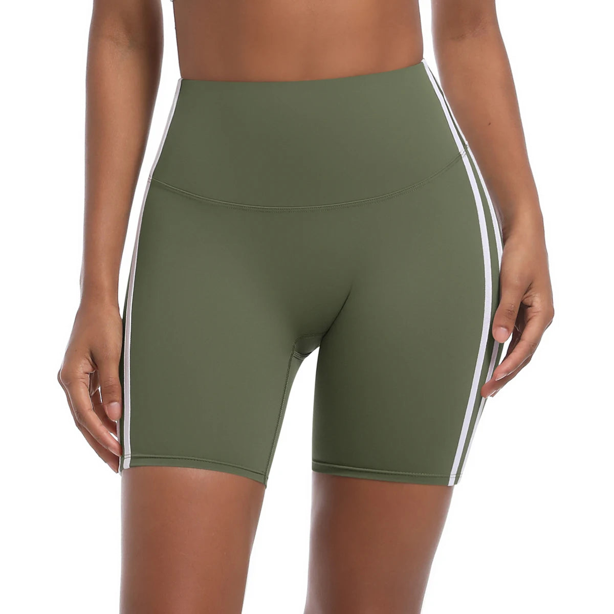 Women High Waist Yoga Shorts Double Stripe Gym Fitness Tummy Control Pants