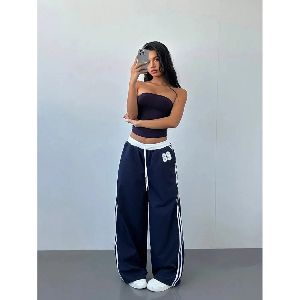 Women Striped Casual Pants Loose Tie Waist Color Block Street Style Plus Size