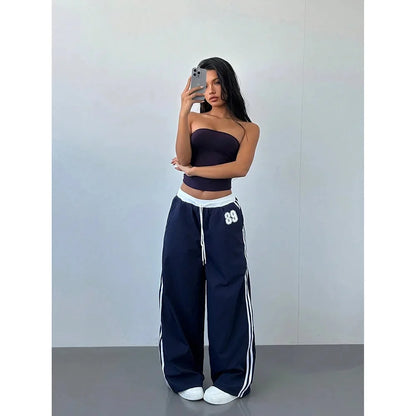 Women Striped Casual Pants Loose Tie Waist Color Block Street Style Plus Size