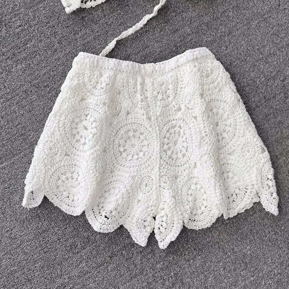 Women Crochet Two Piece Set Summer Y2K Beach Backless Cami Shorts