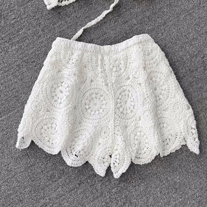 Women Crochet Two Piece Set Summer Y2K Beach Backless Cami Shorts