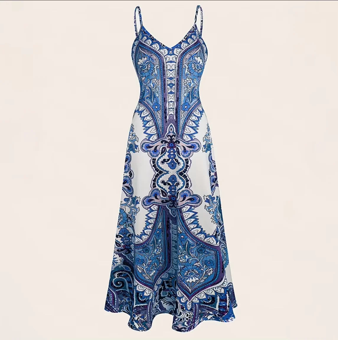 Women’s Blue & White Porcelain Print Maxi Dress Spaghetti Strap Summer Dress