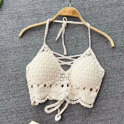 Women Crochet Two Piece Set Summer Y2K Beach Backless Cami Shorts