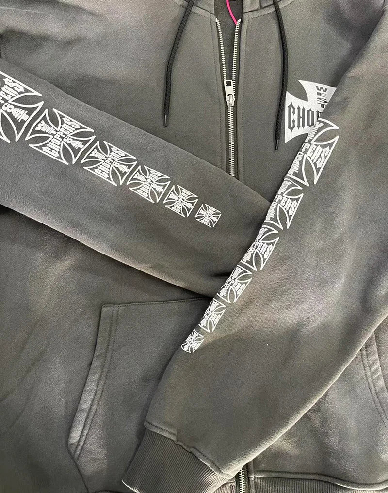 Womans Cross Logo Zipper Hoodie | Vintage Washed Black Oversized