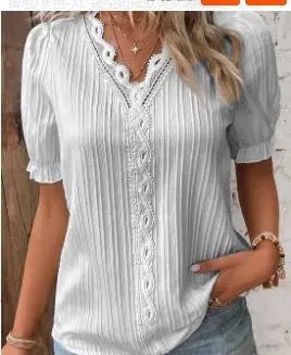 Women Lace V Neck Blouse Elegant Short Sleeve Summer Casual Office Top
