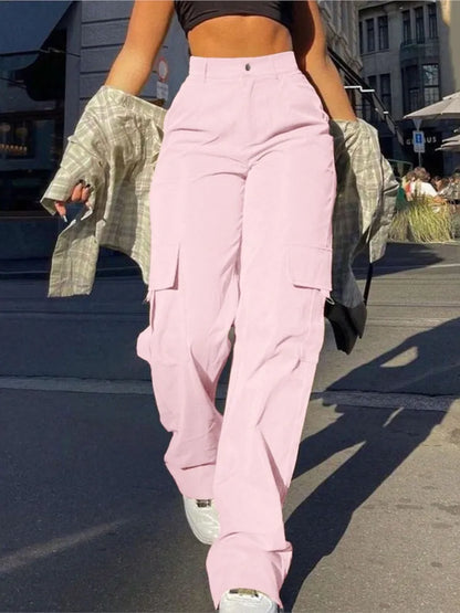 Women Loose Cargo Pants High Waist Wide Leg Trousers Pockets Casual Full Length