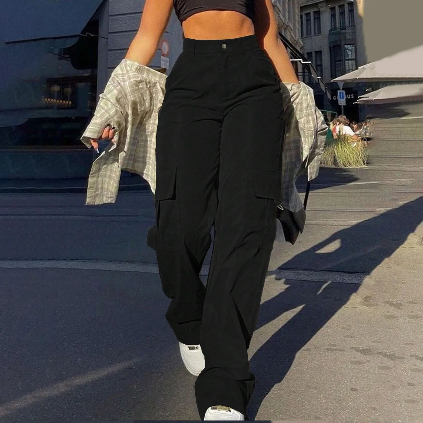 Women Loose Cargo Pants High Waist Wide Leg Trousers Pockets Casual Full Length