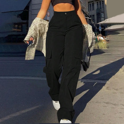 Women Loose Cargo Pants High Waist Wide Leg Trousers Pockets Casual Full Length