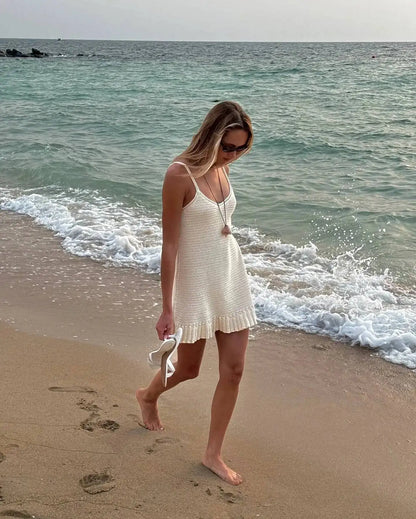 Women’s Crochet Halter Mini Dress Ruffle Knit Summer Beach Dress