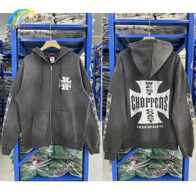 Womans Cross Logo Zipper Hoodie | Vintage Washed Black Oversized