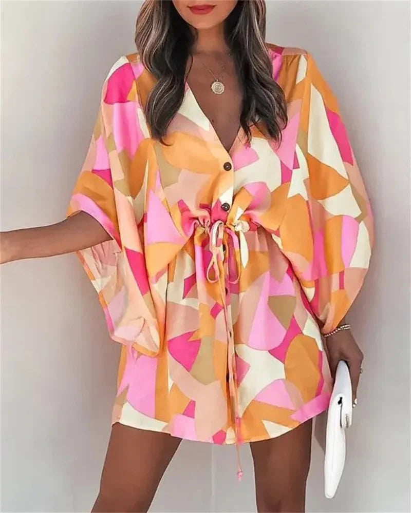 Women Floral Boho Mini Dress V Neck Bat Sleeve Summer Beach Loose Sundress