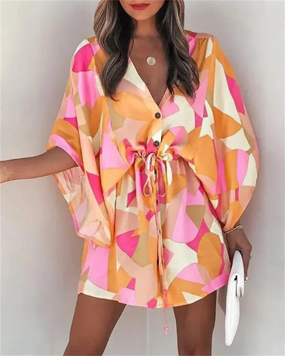 Women Floral Boho Mini Dress V Neck Bat Sleeve Summer Beach Loose Sundress