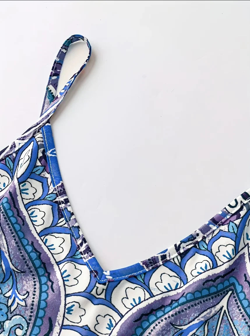 Women’s Blue & White Porcelain Print Maxi Dress Spaghetti Strap Summer Dress