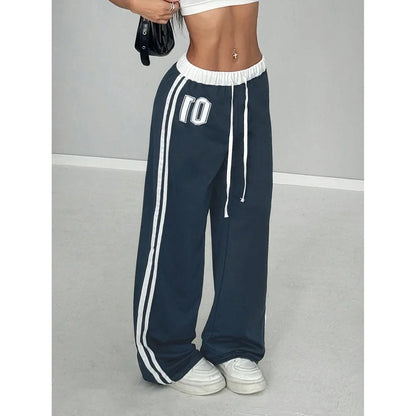 Women Striped Casual Pants Loose Tie Waist Color Block Street Style Plus Size